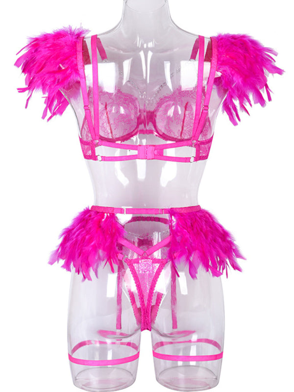 Faux Feather Accent Three-Piece Lingerie Set