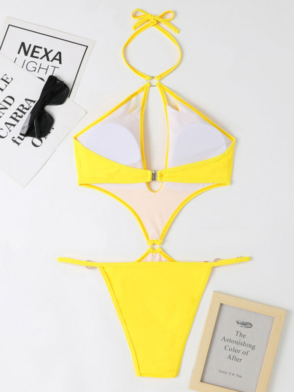 Women's Solid Color Cut-out Pearl Chain Halter One-piece Bikini Swimwear Sets