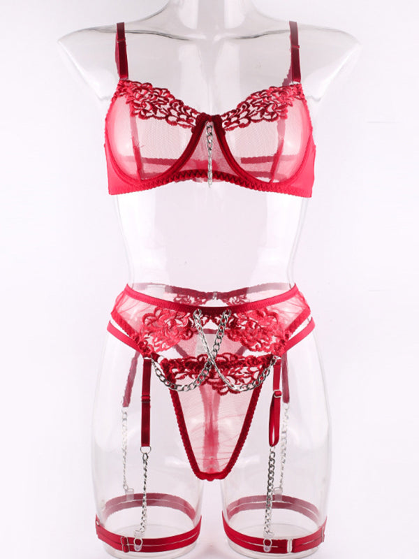 Edgy Elegance – Metal Chain Embroidered Lingerie Four-Piece Set with Leg Wrap