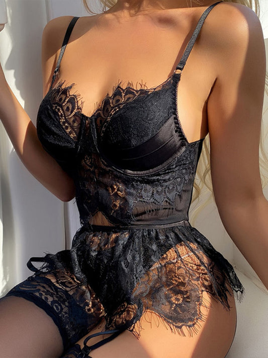 Sexy Roleplay-Inspired Three-Piece Lingerie Set with Garters