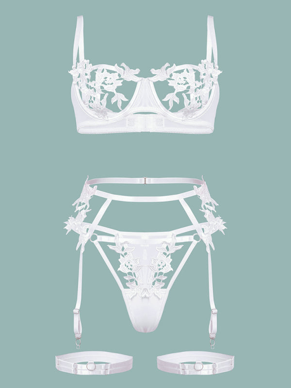 Petal Tease – Floral Embroidered Lingerie with Hollow & Webbing Accents