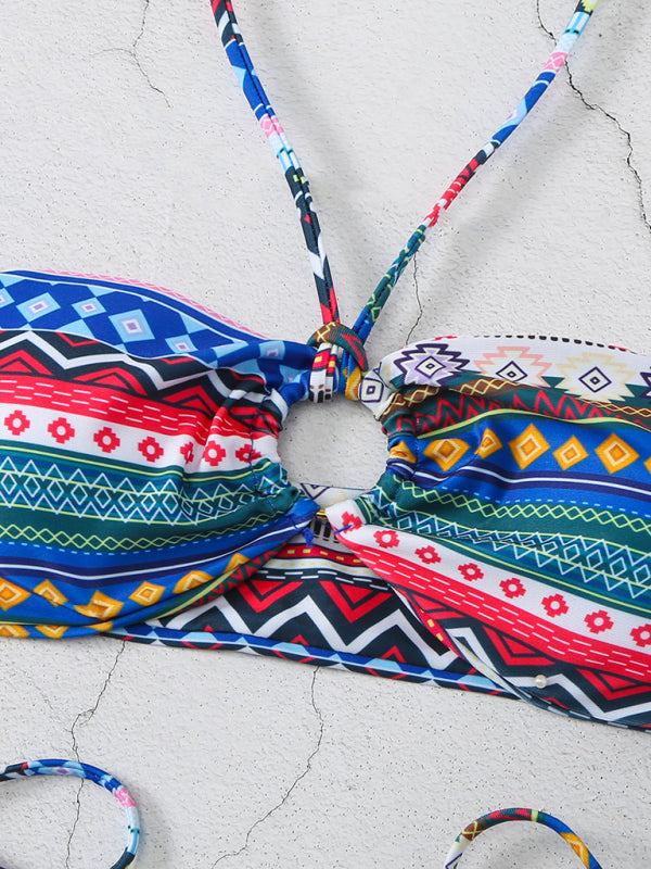 Eye-Catching Multi-Color Halterneck Bikini with Lace-Up Adjustable Briefs