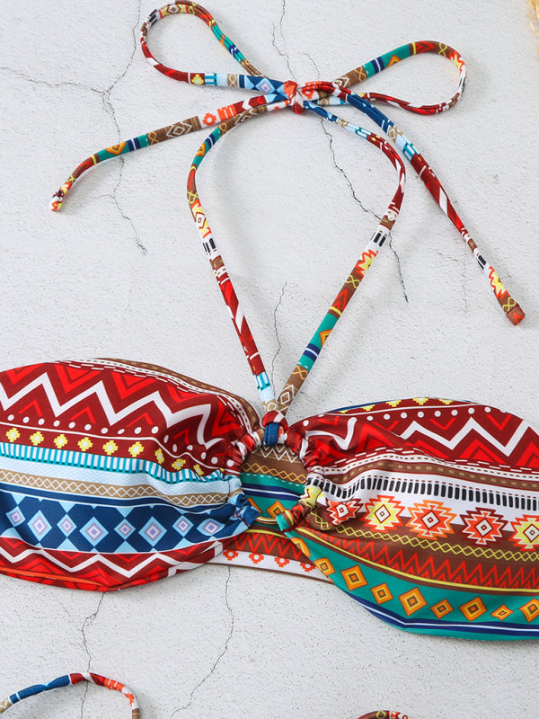 Eye-Catching Multi-Color Halterneck Bikini with Lace-Up Adjustable Briefs