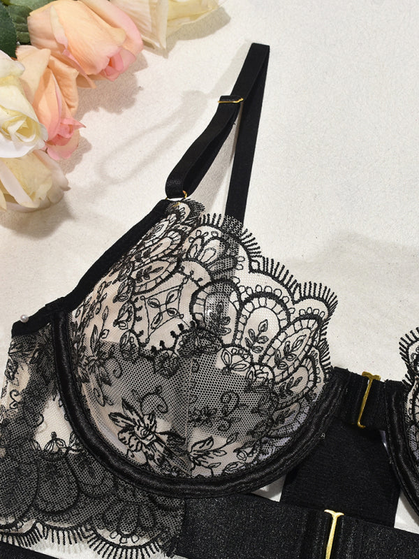Embroidered Bra Sexy Lingerie 3-Piece Set