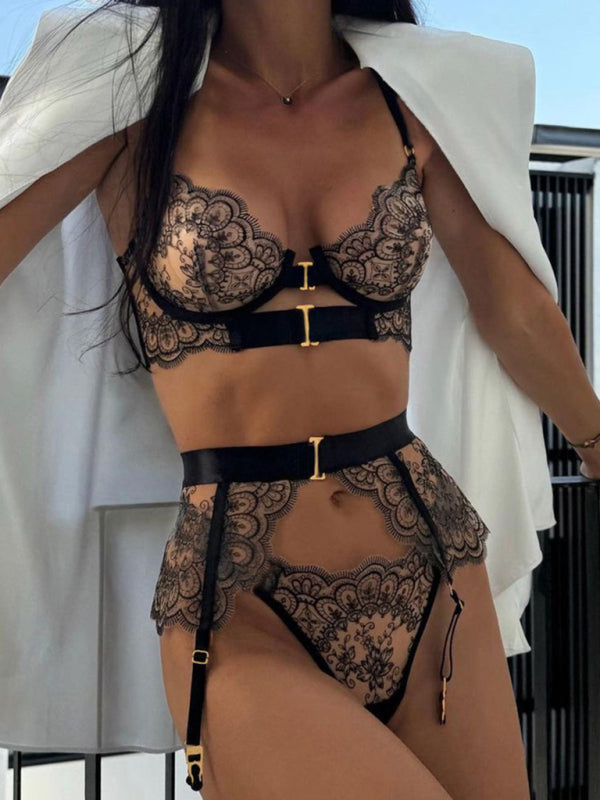 Embroidered Bra Sexy Lingerie 3-Piece Set