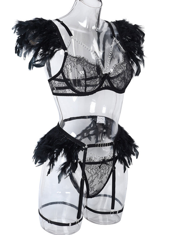 Faux Feather Accent Three-Piece Lingerie Set