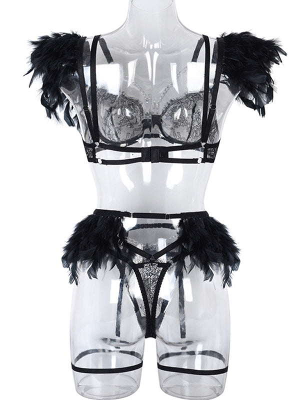Faux Feather Accent Three-Piece Lingerie Set