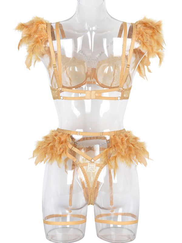 Faux Feather Accent Three-Piece Lingerie Set