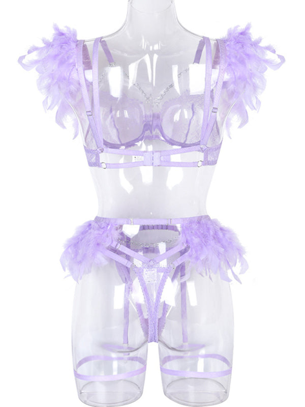 Faux Feather Accent Three-Piece Lingerie Set