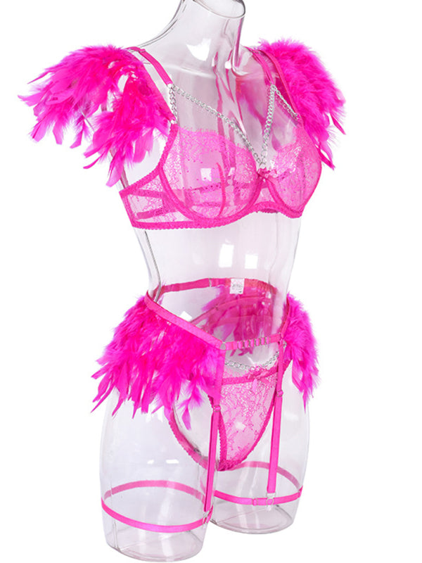 Faux Feather Accent Three-Piece Lingerie Set