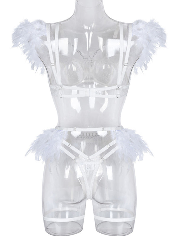 Faux Feather Accent Three-Piece Lingerie Set