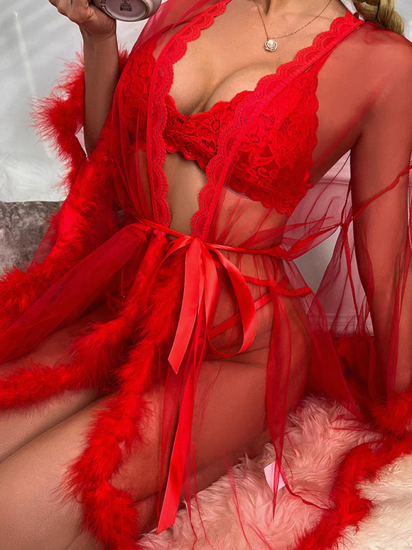 Feather-Detail Sheer Mesh Sleep Dress
