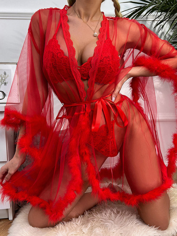 Feather-Detail Sheer Mesh Sleep Dress