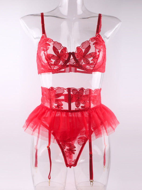 Embroidered Bra & Garter Skirt Set