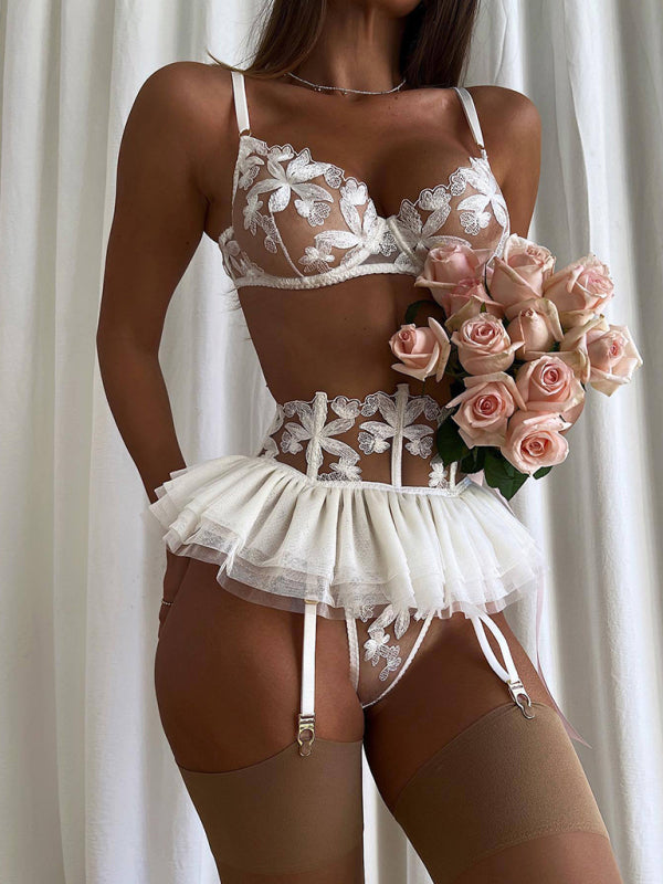 Embroidered Bra & Garter Skirt Set