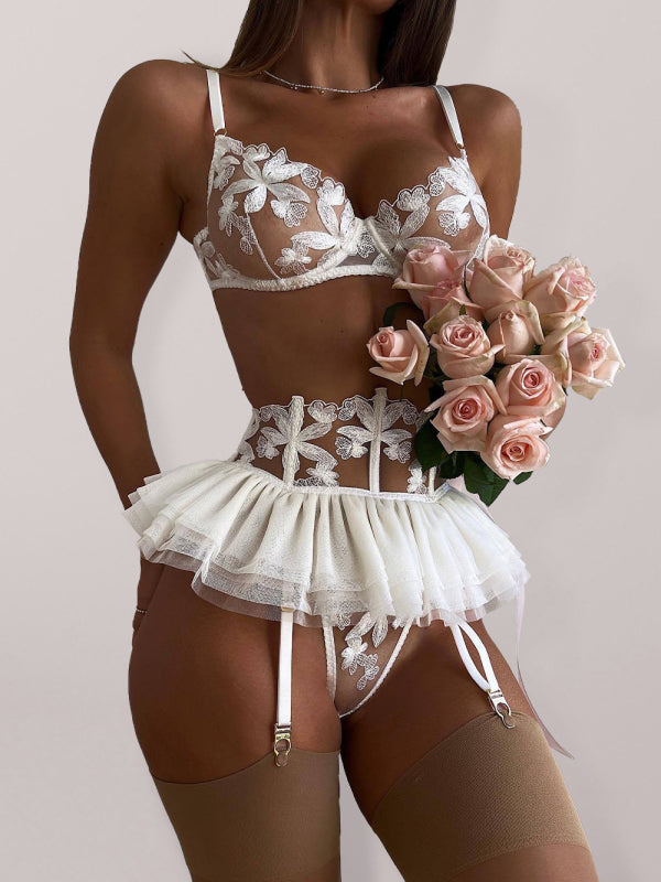 Embroidered Bra & Garter Skirt Set