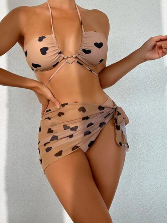 Plus Heart Print Bikini Set with Skirt Cover-Up