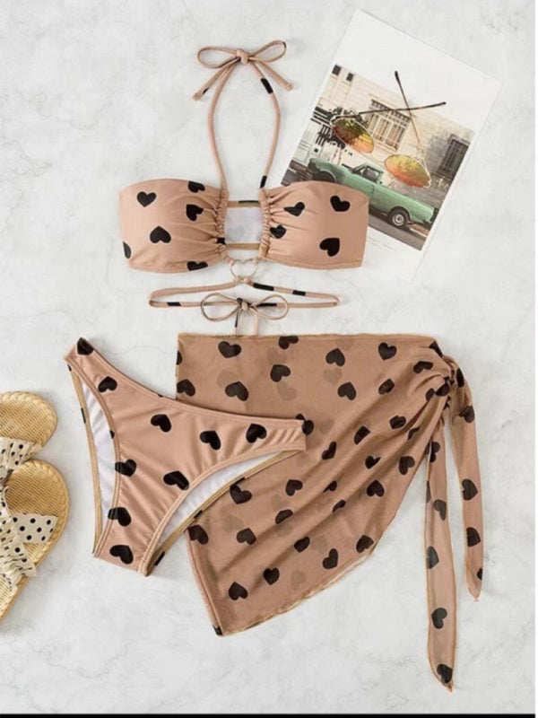 Plus Heart Print Bikini Set with Skirt Cover-Up
